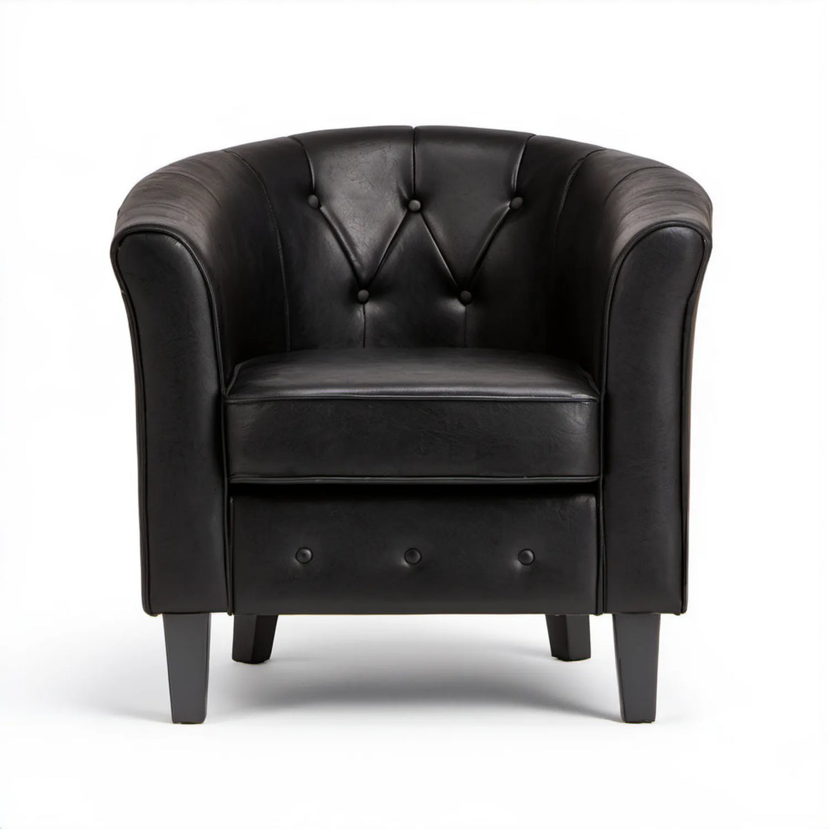 Czarny fotel klubowy Chesterfield półokrągły ze skóry syntetycznej PU, 80 x 75 x 78 cm